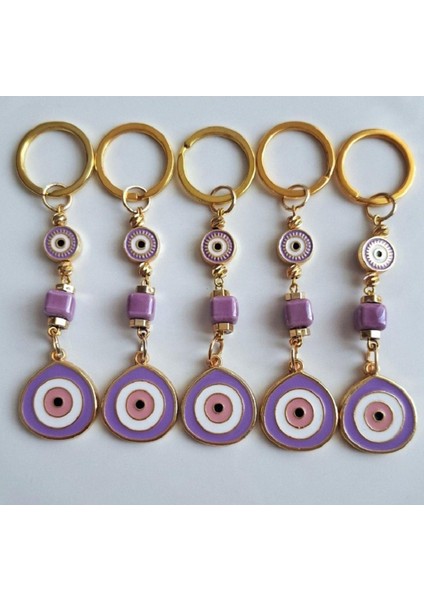 Hediyelik 5'li Büyük Nazar Boncuklu Mor Anahtarlık 10 cm - Adet Fiyatı