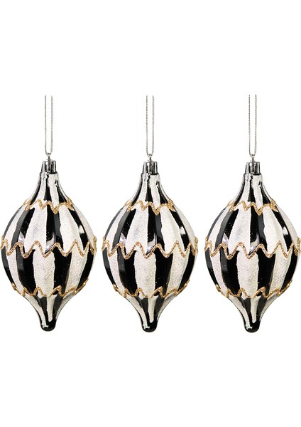Yılbaşı Süsü Konik Desenli 3'lü Set Siyah Beyaz 12 cm