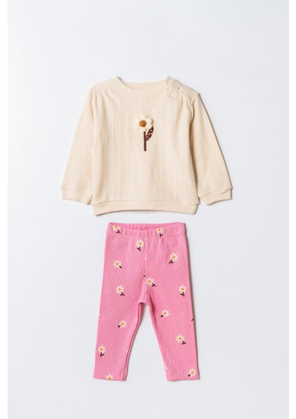 Kız Çocuk Pamuklu Krem Sweatshirt ve Pembe Çiçek Desenli Tayt Ikili Takım