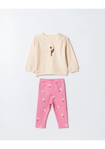 Kız Çocuk Pamuklu Krem Sweatshirt ve Pembe Çiçek Desenli Tayt Ikili Takım fiyatları