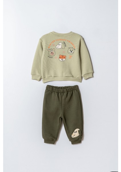 Erkek Çocuk Pamuklu Yeşil Sweatshirt ve Köpek Nakışlı Eşofman Altı Ikili Takım