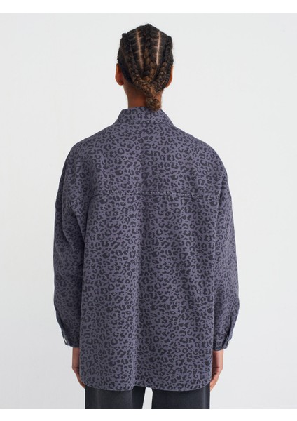 50748 Oversize Leopar Denim Gömlek-Gri