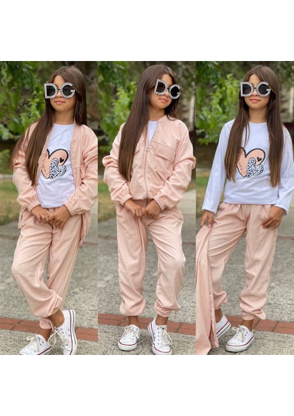 Kız Çocuk Kadife Üçlü Takım - Ceket- Body - Pantolon