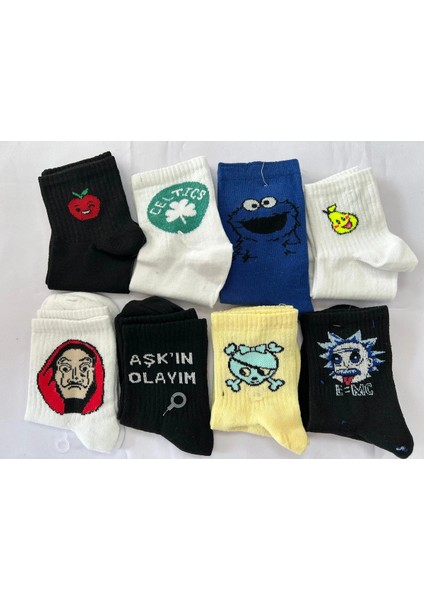 Karakter Desenli Unisex 8 Çift Pamuklu Çorap