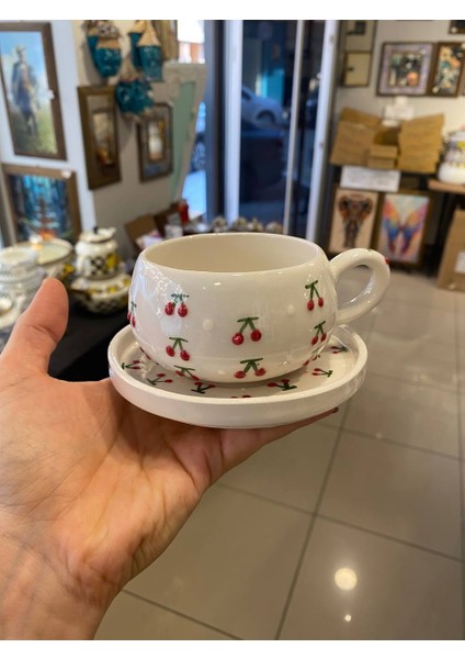 2 Kişilik El Yapımı Kiraz Desenli Seramik Kupa Takımı - Çay Kahve Sunum Seti indirimleri