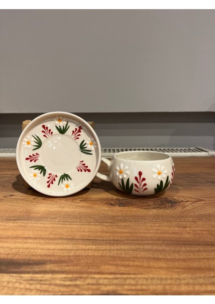 2 Kişilik El Yapımı Çiçek ve Papatya Desenli Seramik Kupa Takımı - Çay Kahve Sunum Seti