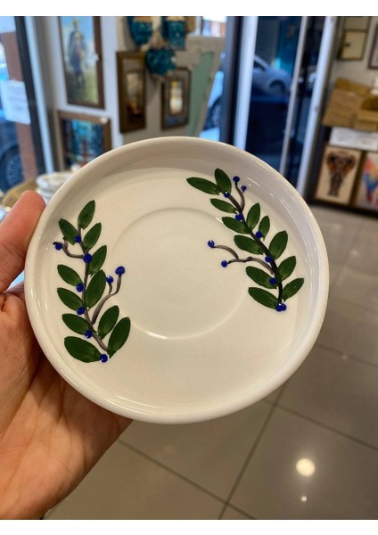 2 Kişilik El Yapımı Yeşil Dal Desenli Seramik Kupa Takımı - Çay Kahve Sunum Seti