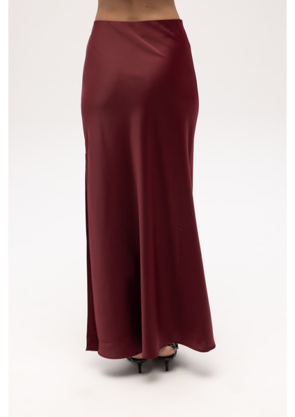Cecil Yırtmaç Detay Bordo Saten Etek indirimleri