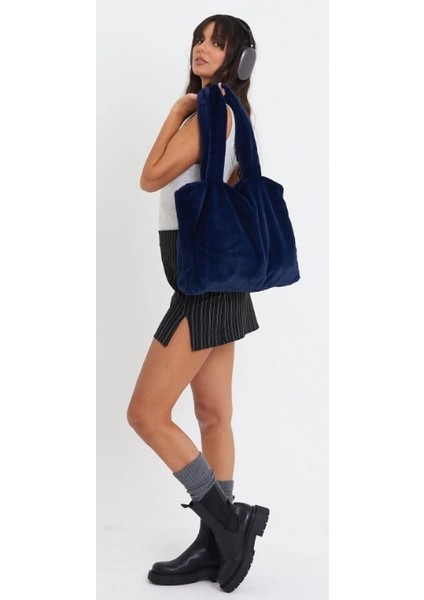 Night Blue Laptop Tote / Kadın Peluş Toscana Bilgisayar Çantası 42X34 Sap 65 cm