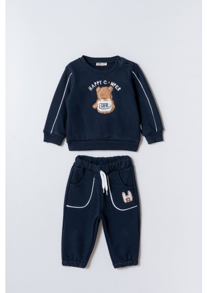 Erkek Çocuk Pamuklu Lacivert Sweatshirt ve Ayıcık Nakışlı Eşofman Altı Ikili Takım