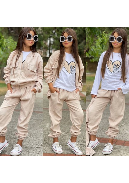 Kız Çocuk Kadife Üçlü Takım - Ceket- Body - Pantolon