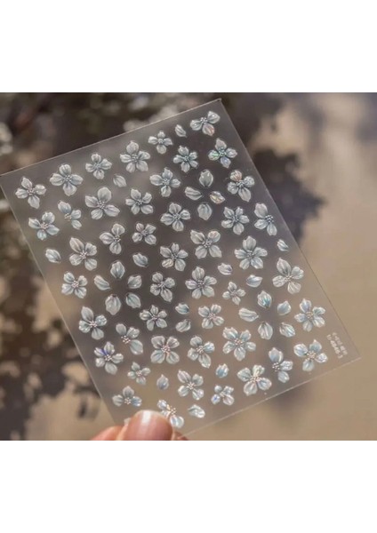 Mavi Çiçekli Holografik Etkili Tırnak Süsleme Stickerı Nail Art Süslemeleri