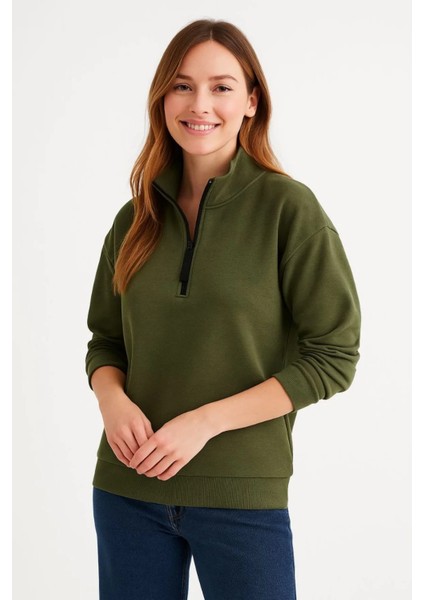 Monsi Kadın Üç Iplik Dık Yaka Yarım Fermuarlı Sweatshirt