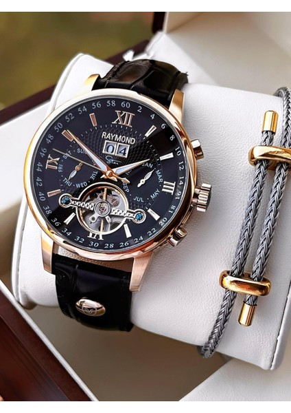 Nişan ve Damatlara Özel Deri Kordon 2 Yıl Garantili Otomatik Erkek Kol Saati+Bileklik Rmd.m2