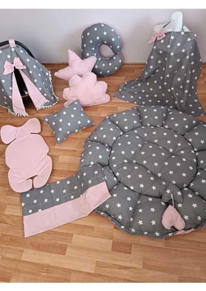 Koyu Yıldız Pudra Ponponlu ve Oyun Minderli 10 Parça Babynest Seti