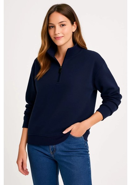 Monsi Kadın Üç Iplik Dık Yaka Yarım Fermuarlı Sweatshirt