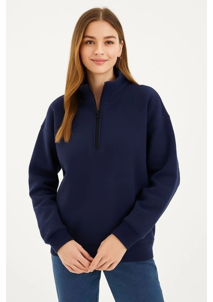 Monsi Kadın Üç Iplik Dık Yaka Yarım Fermuarlı Sweatshirt