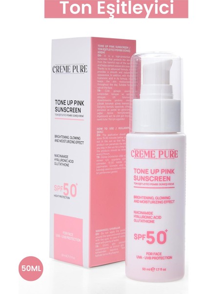 Leke Karşıtı Ton Eşitleyen Spf 50+ Pembe Renkli Güneş Kremi Glutatyon, Hyaluronik Asit Etkili 50 ml