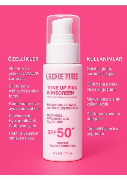 Leke Karşıtı Ton Eşitleyen Spf 50+ Pembe Renkli Güneş Kremi Glutatyon, Hyaluronik Asit Etkili 50 ml modelleri