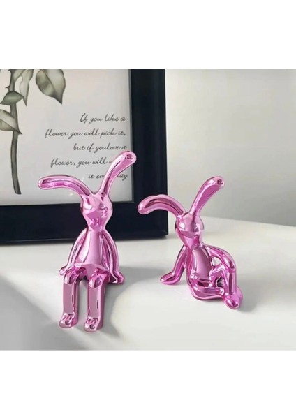 2 Adet Pembe Mini Tavşanlar Ev Dekorasyon ve Torpido Süsü Yapışkanlı Reçine Tavşanlar