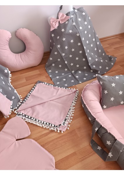 Koyu Yıldız Pudra Ponponlu Oval Yataklı 7 Parça Babynest Seti