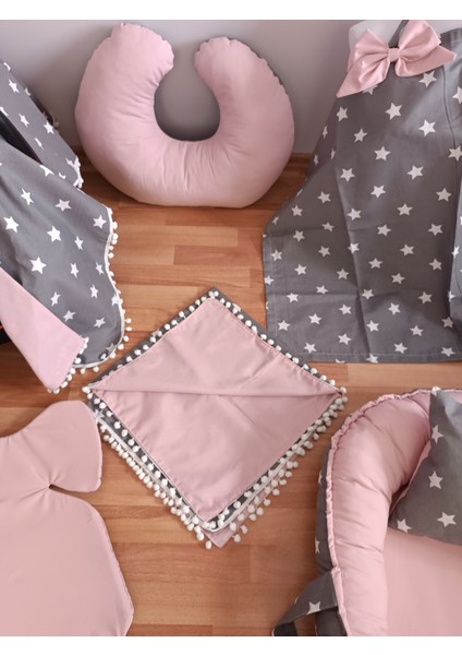 Koyu Yıldız Pudra Ponponlu Oval Yataklı 7 Parça Babynest Seti fiyatları