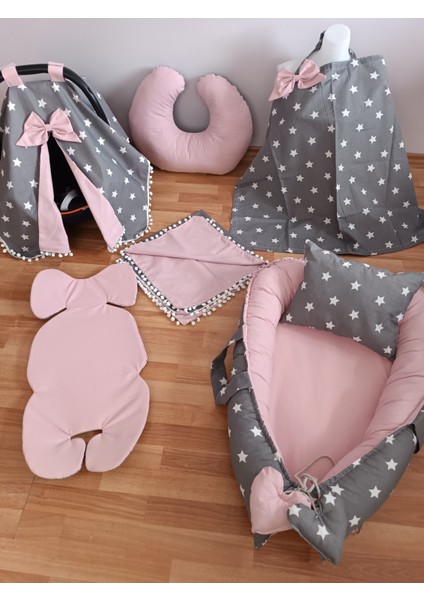 Koyu Yıldız Pudra Ponponlu Oval Yataklı 7 Parça Babynest Seti fırsatları