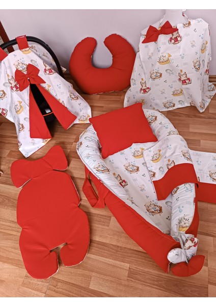 Ayıcıklı Düz Kırmızı Oval Yataklı 7 Parça Babynest Seti fırsatları