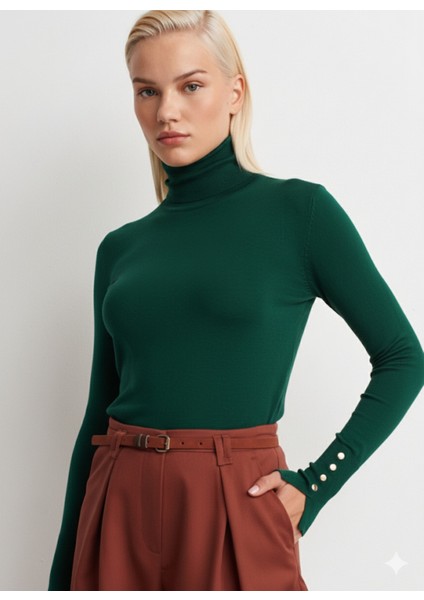 Balıkçı Yaka Kolu Droplu Kazak-Dark Emerald Green