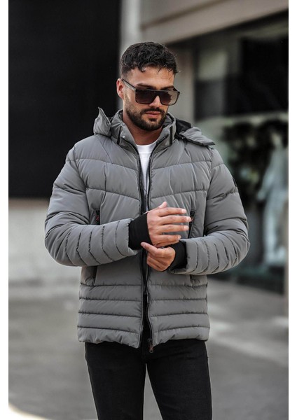 Dar Kesim Kapüşonlu Şişme Karbon Antrasit Erkek Mont 2205