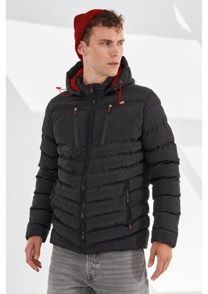Su Geçirmez Kapüşonlu Şişme Siyah Erkek Mont 2184