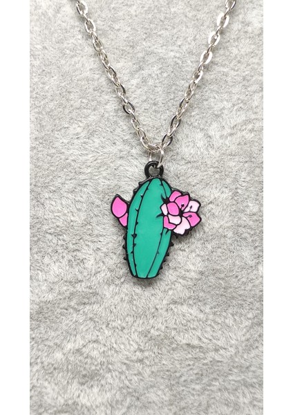 Çiçekli Kaktüs Kolye. Metal, Kolye Ucu Mineli. Çiçek Kolye, Çocuk Kolye, Genç Kolye.