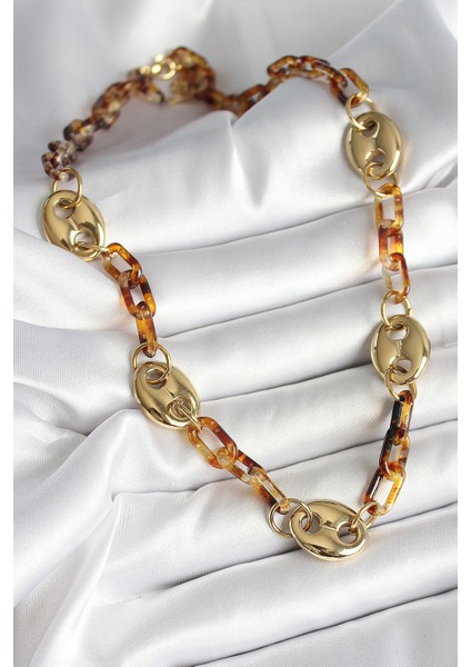 Leopar Desenli Mika Gold Renk Zincir Kadın Kolye - TJ-BKO10237