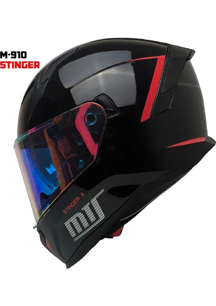 M-910 Stınger Güneş Vizörlü Siyah-Fosforlu Kırmızı Kask (Irıdıum Gold Camlı)