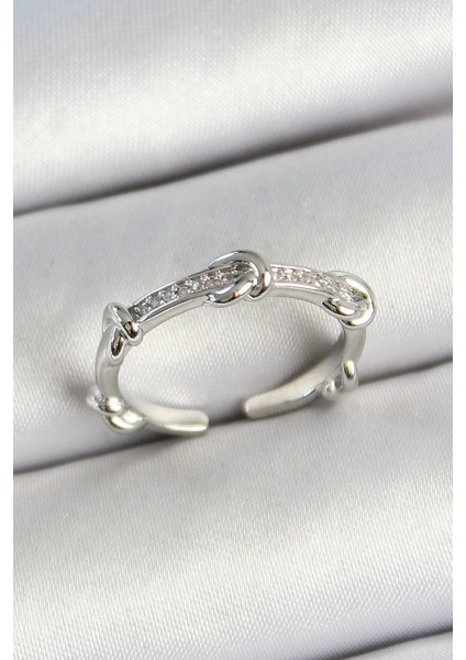 Pirinç Düğüm Figürlü Zirkon Taşlı Gümüş Renk Ayarlanabilir Kadın Yüzük - TJ-BYK3777