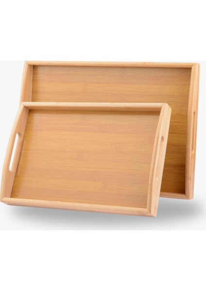 2’li Bambu Servis Tepsi Seti – Doğal Ahşap, Küçük (33X22 Cm) & Büyük (40X28 Cm), Kahvaltı, Sunum ve Servis Için Dayanıklı Tepsi