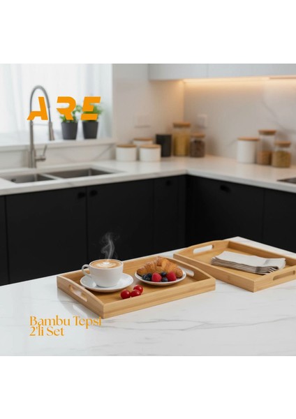 2’li Bambu Servis Tepsi Seti – Doğal Ahşap, Küçük (33X22 Cm) & Büyük (40X28 Cm), Kahvaltı, Sunum ve Servis Için Dayanıklı Tepsi modelleri