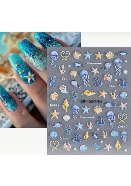 5d Kabartmalı Deniz Hayatı Tırnak Süsleme Stickerı Nail Art Süslemeleri