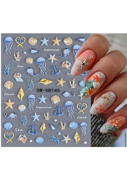 5d Kabartmalı Deniz Hayatı Tırnak Süsleme Stickerı Nail Art Süslemeleri modelleri