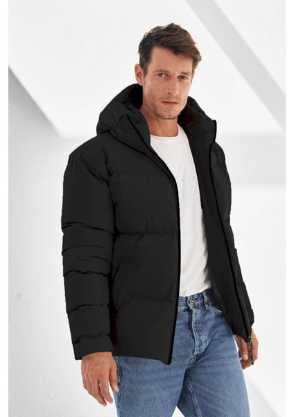Su ve Rüzgar Geçirmez Kapüşonlu Şişme Siyah Erkek Mont 2182
