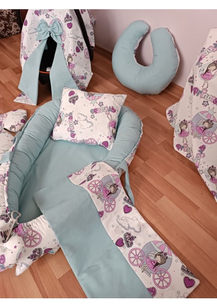 Lila Bisikletli Düz Yeşil Oval Yataklı 7 Parça Babynest Seti