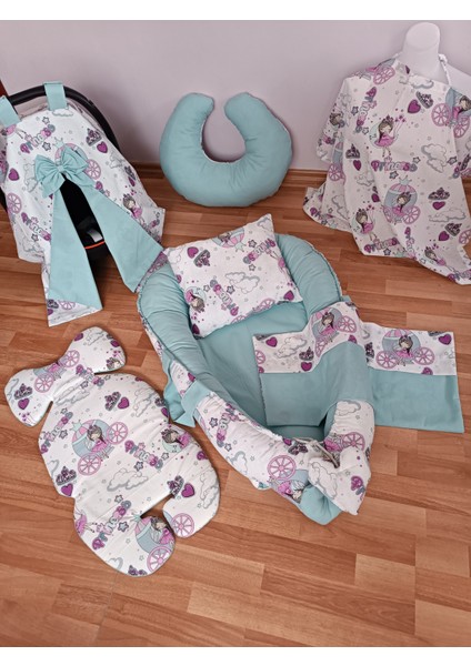 Lila Bisikletli Düz Yeşil Oval Yataklı 7 Parça Babynest Seti modelleri