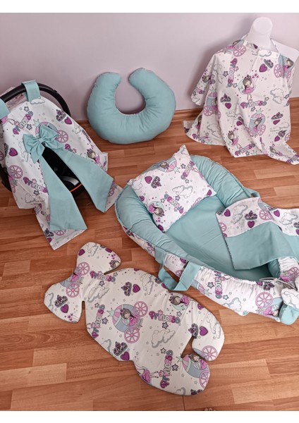 Lila Bisikletli Düz Yeşil Oval Yataklı 7 Parça Babynest Seti fırsatları