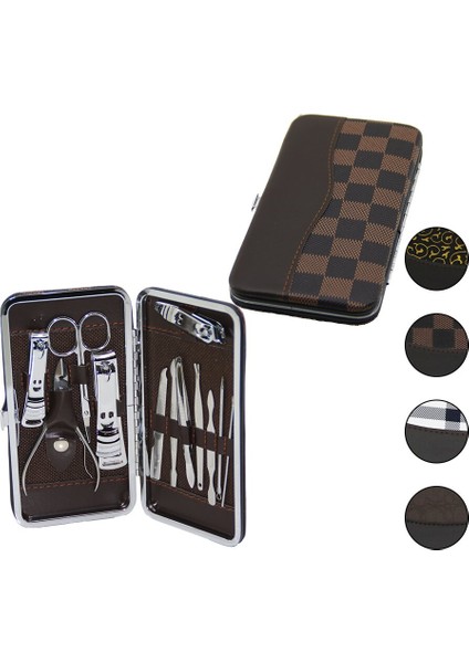 12 Pcs - Gümüş Manikür - Pedikür Seti Renkli Desenli - Cüzdan Modeli Çantalı (4944)