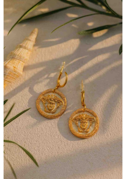 Gold Medusa Çerçeveli El Yapımı Özel Tasarım Medusa Küpe