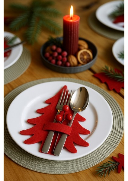 6 Adet Kokinalı Dekoratif Çam Ağacı Keçe Peçetelik&çatal Kaşıklık–yılbaşı Masa Sunum Servis Süsü