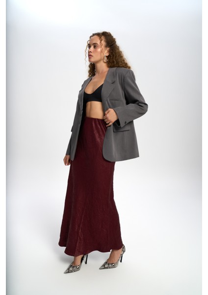 Eubah Kırışık Uzun Bordo Saten Etek