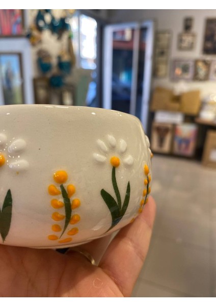 2 Kişilik El Yapımı Dal Papatya Desenli Seramik Kupa Takımı - Çay Kahve Sunum Seti