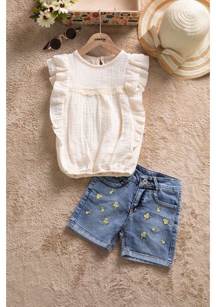 Bej Dantel Detaylı Bluzlu Jean Şortlu Kız Çocuk 2li Takım 22663