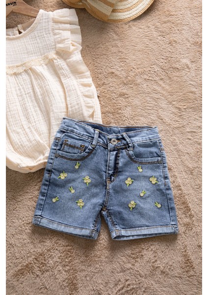 Bej Dantel Detaylı Bluzlu Jean Şortlu Kız Çocuk 2li Takım 22663 fiyatları
